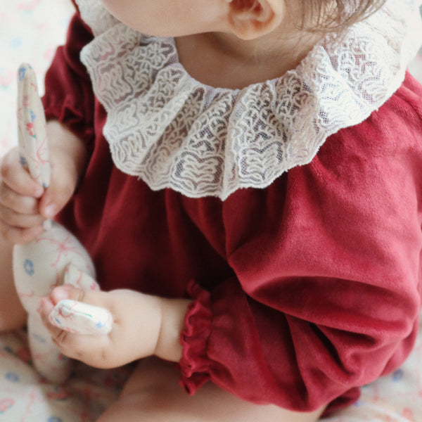 Venola Lace Collared Velvet Baby Romper (Red Dahlia)