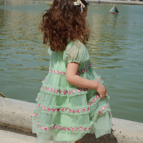 Joelle Floral Embroidered Tulle Ruffle Party Dress (Green)