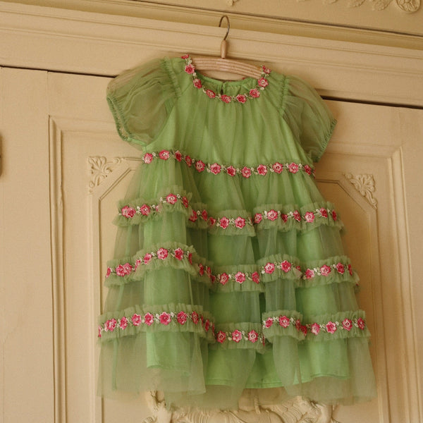 Joelle Floral Embroidered Tulle Ruffle Party Dress (Green)