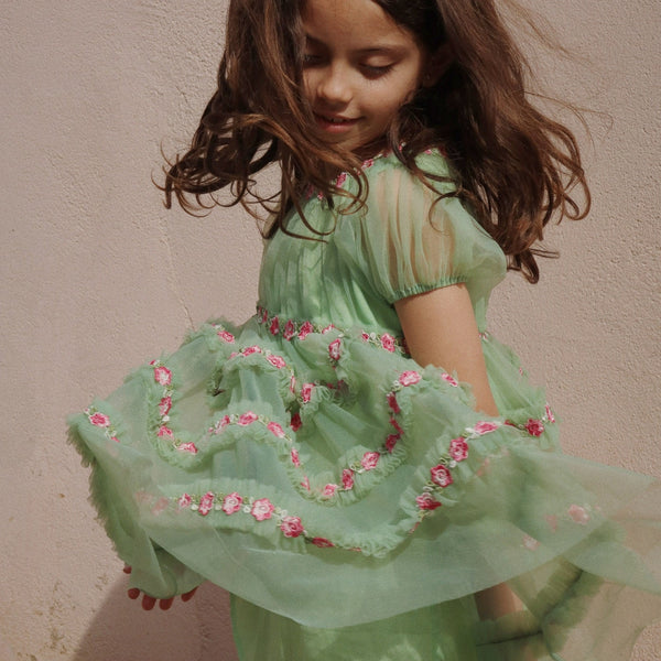 Joelle Floral Embroidered Tulle Ruffle Party Dress (Green)