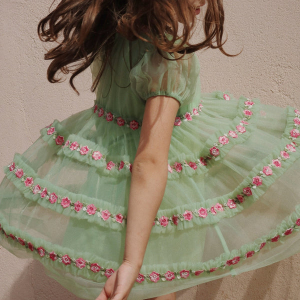 Joelle Floral Embroidered Tulle Ruffle Party Dress (Green)