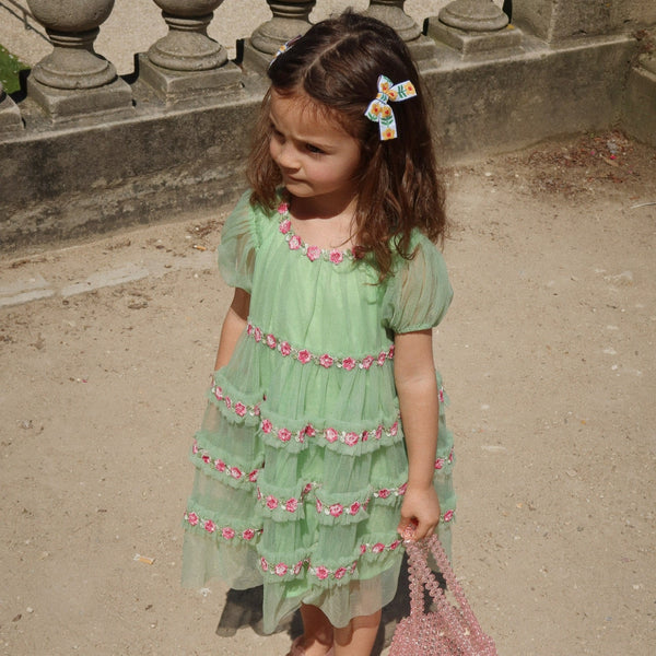 Joelle Floral Embroidered Tulle Ruffle Party Dress (Green)
