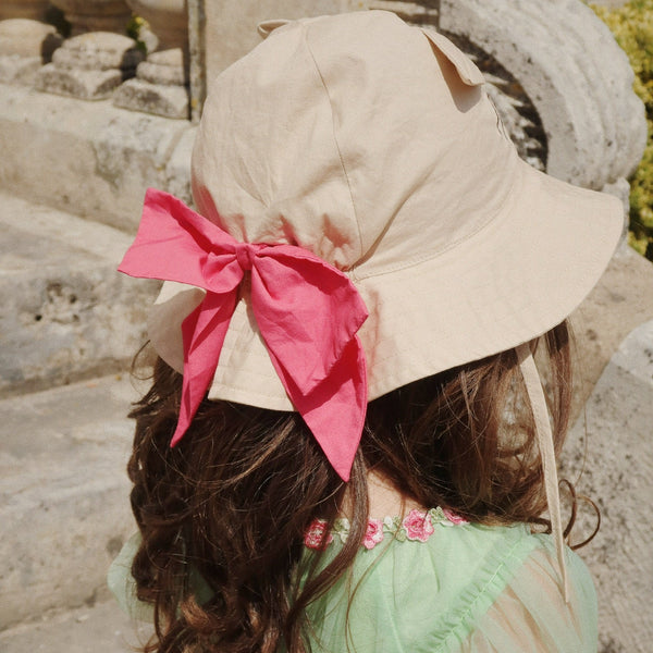 Verbena Bow Kitty Cotton Sunhat with Ties (Creme Brulee)