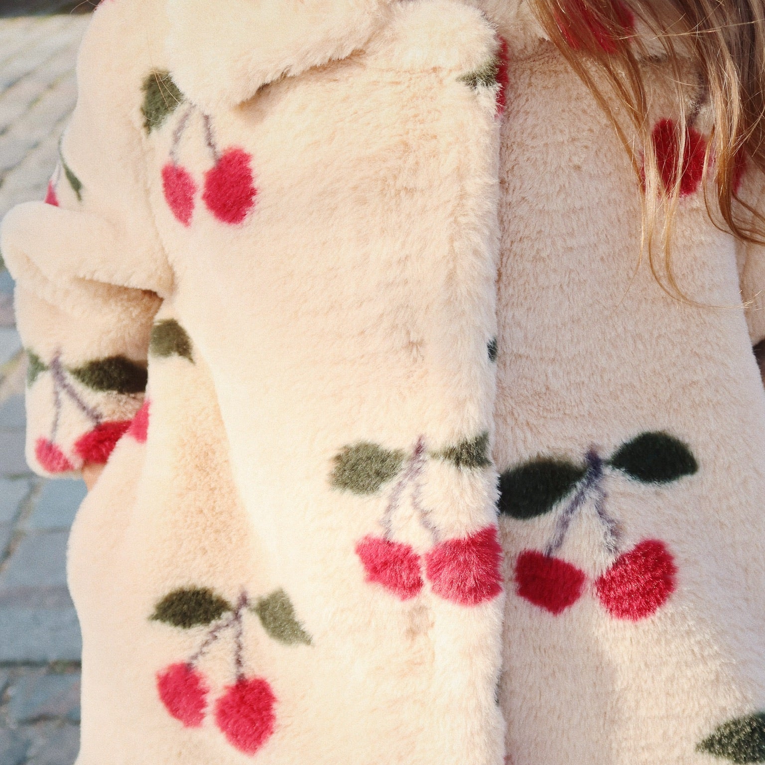 Girls Soft Pile Fuzzie Faux Fur Cherry Print Collared Coat 