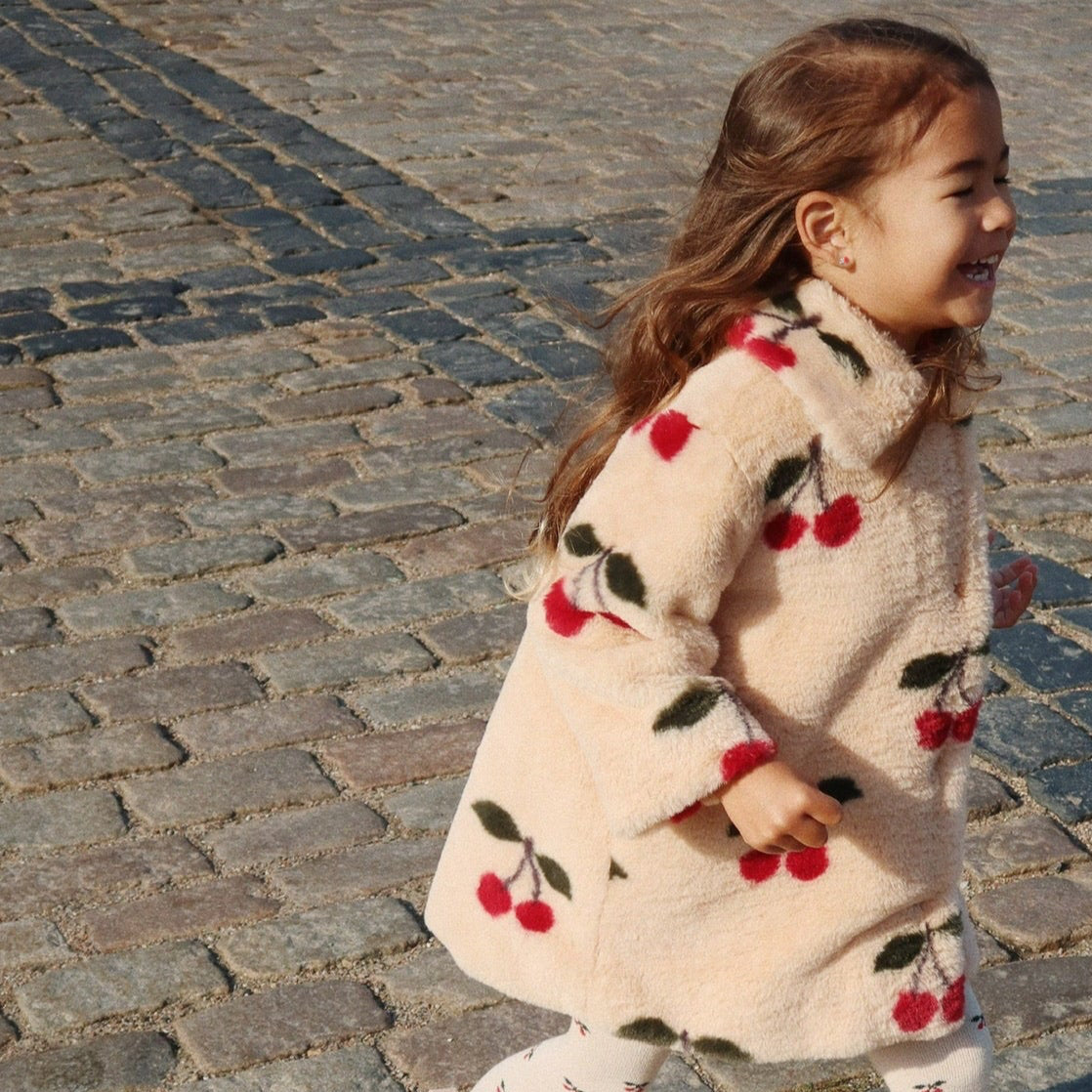 Girls Soft Pile Fuzzie Faux Fur Cherry Print Collared Coat
