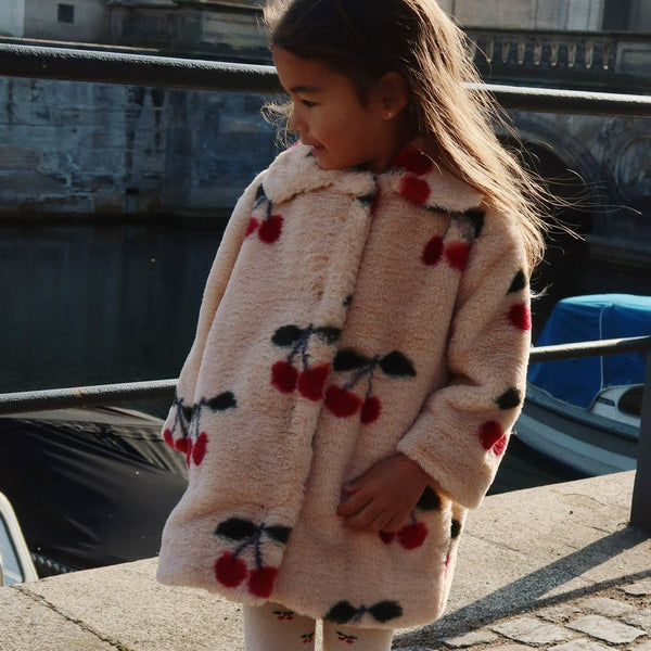 Fuzzie Faux Fur Cherry Print Collared Coat (Ma Grande Cerise)