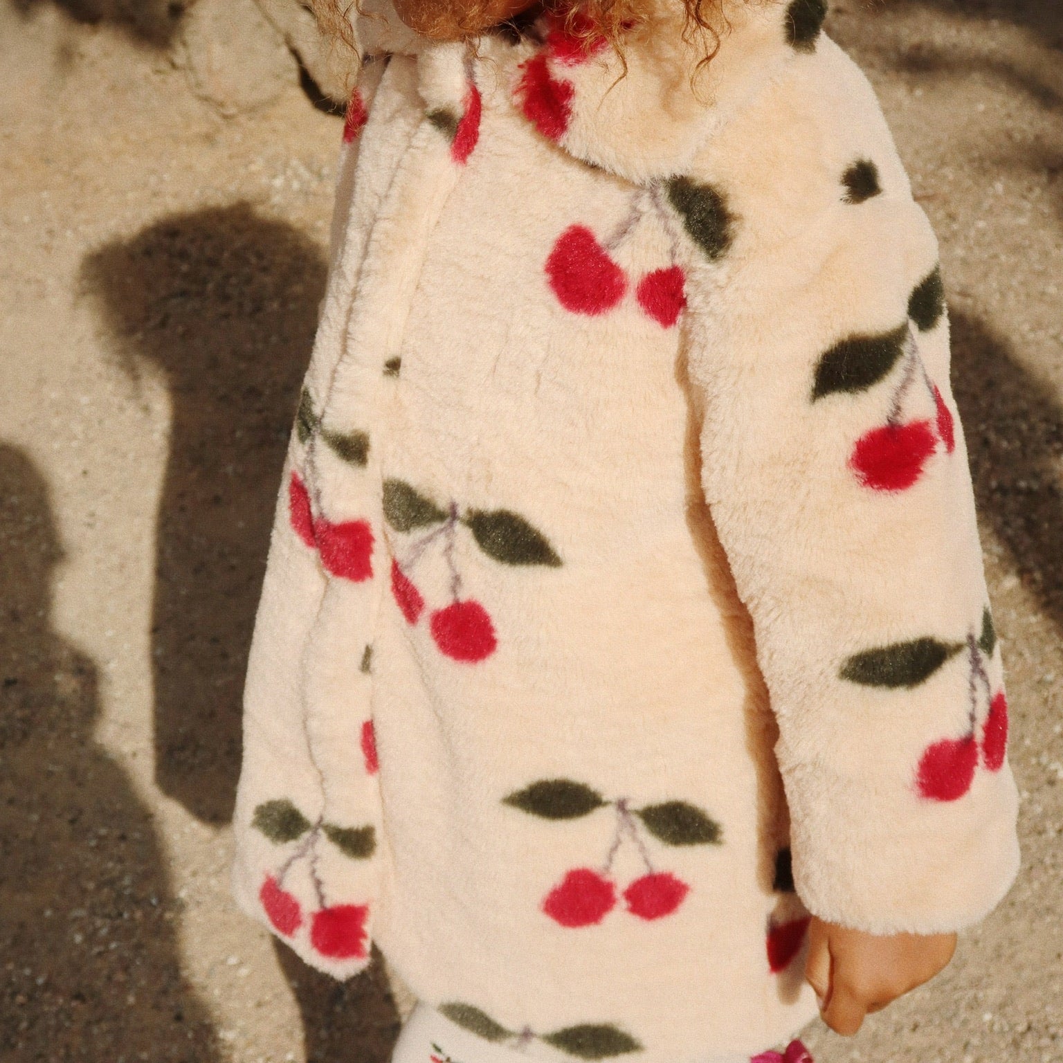 Girls Soft Pile Fuzzie Faux Fur Cherry Print Collared Coat 