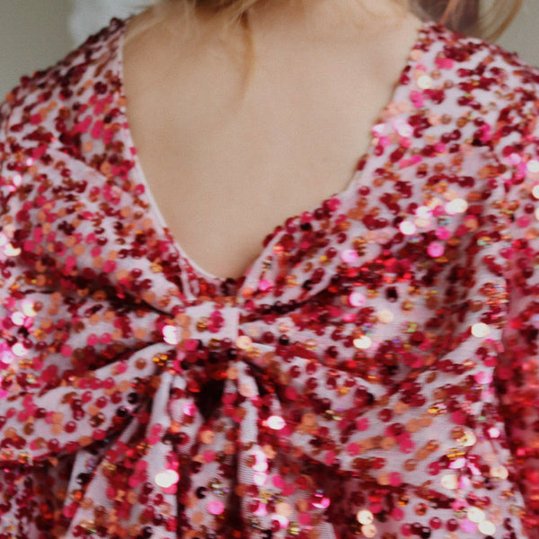 Lila Long Sleeved Sequinned Bow Party Dress (Sangria)