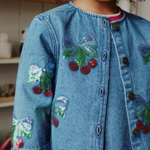 Magot Sequin Cherries Cotton Denim Jacket