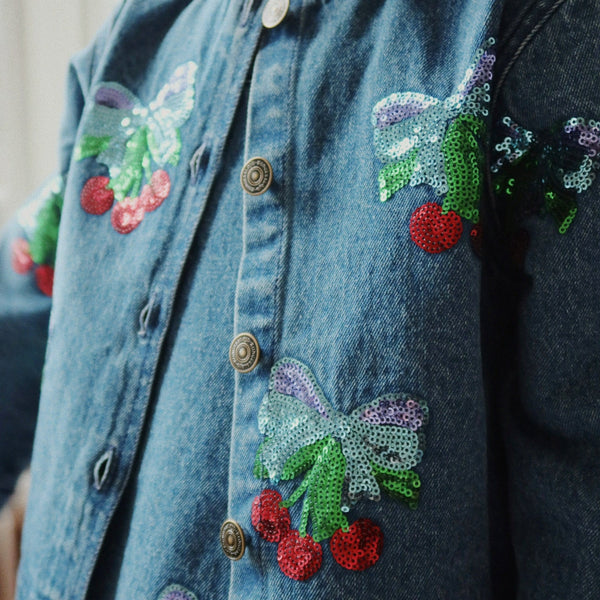 Magot Sequin Cherries Cotton Denim Jacket