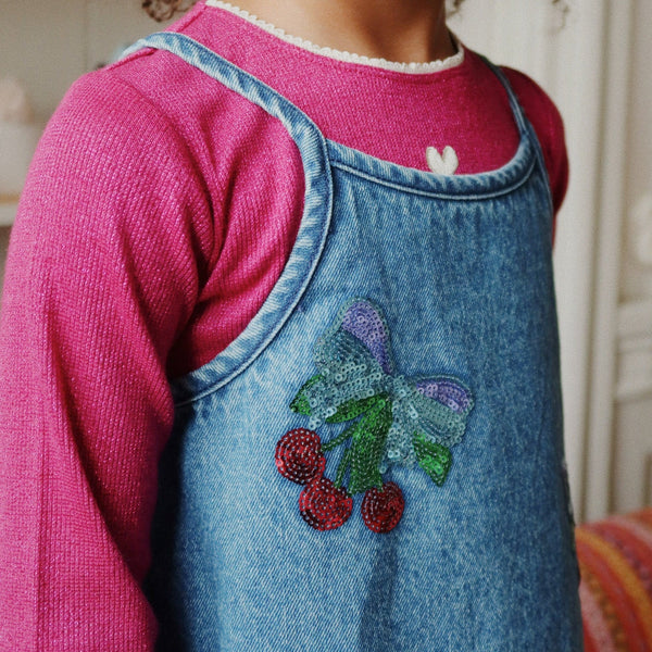 Magot Sequin Cherry Strappy Denim Dress