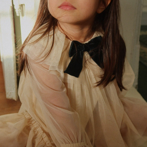 Bow Tulle Long Sleeve Occasion Party Dress (Parchment)