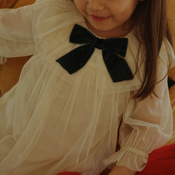 Bow Tulle Long Sleeve Occasion Party Dress (Parchment)