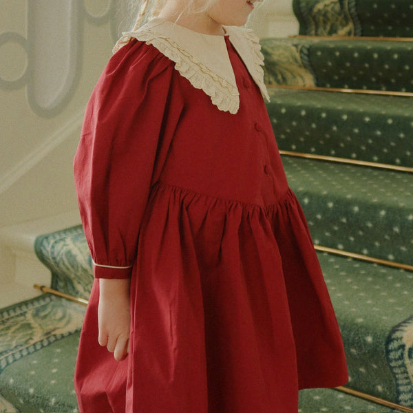 Coeur Collar Cotton Long Sleeve Dress (Red Dahlia)