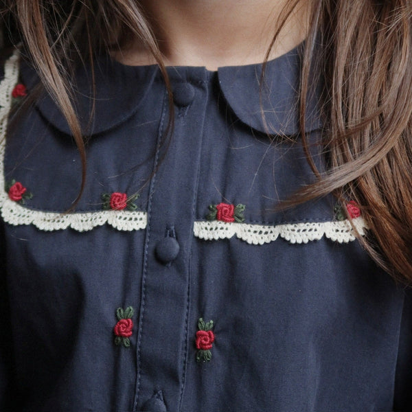 Emmy Peplum Cotton Embroidered Shirt (Dark Navy)