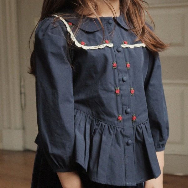 Emmy Peplum Cotton Embroidered Shirt (Dark Navy)