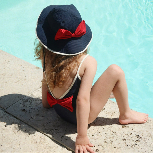 Bowie Seersucker Swim Hat with Bow (Navy Blazer)