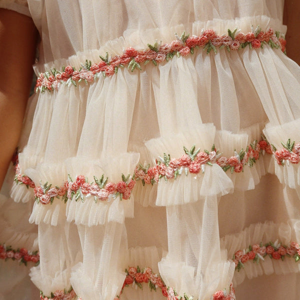 Joelle Floral Embroidered Tulle Ruffle Party Dress (Buttercream)