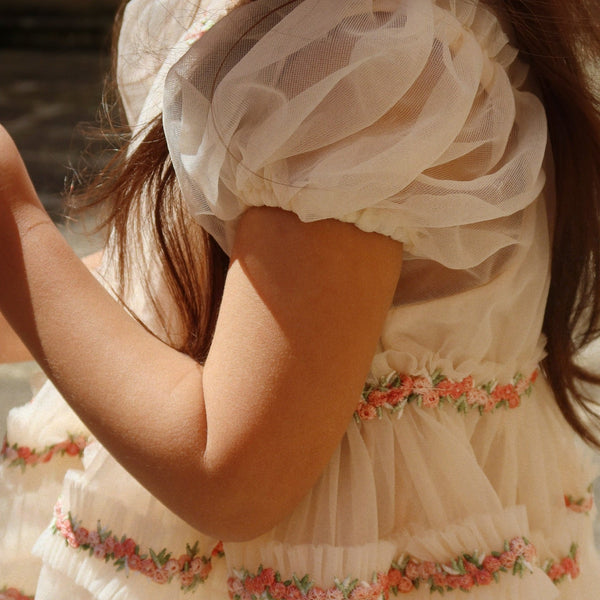 Joelle Floral Embroidered Tulle Ruffle Party Dress (Buttercream)