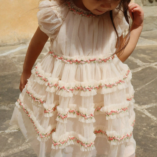 Joelle Floral Embroidered Tulle Ruffle Party Dress (Buttercream)
