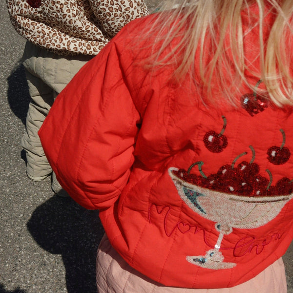 Juno Cherry Sequin Quilted Bomber Jacket (Fiery Red)