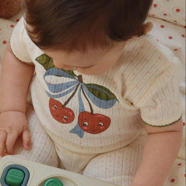 Minnie Cherry Print Cotton Pointelle Baby Short Sleeve Bodysuit (Minnie Coeur)