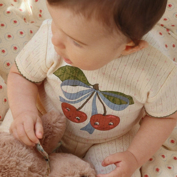 Minnie Cherry Print Cotton Pointelle Baby Short Sleeve Bodysuit (Minnie Coeur)