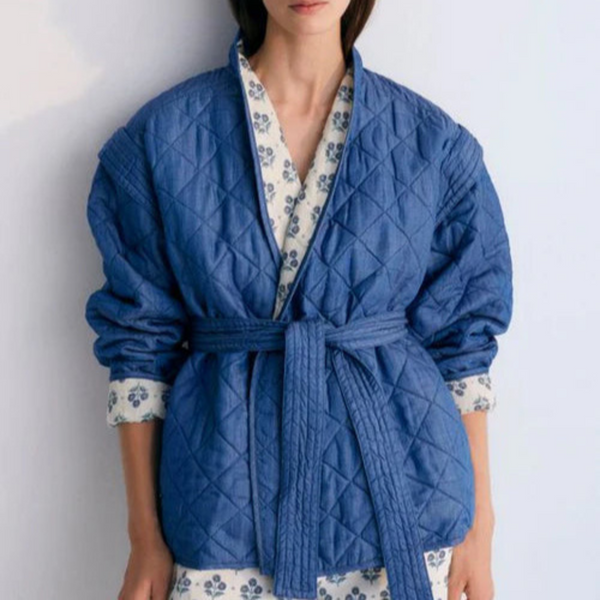 MAMA Eleni Reversible Quilted Linen Jacket (Hyacinth Print)