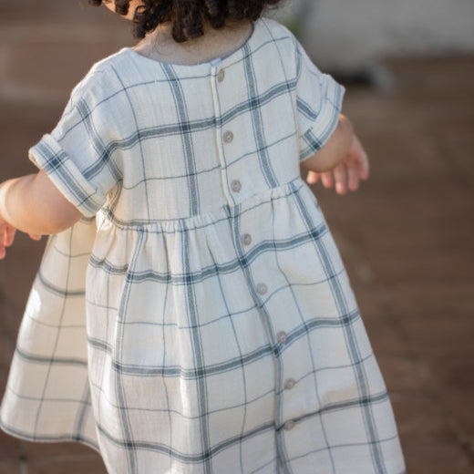Josephine Checked Cotton Short Sleeved Summer Dress (Petroleum)