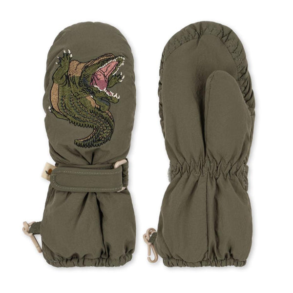 Juno Crocodile Embroidered Quilted Mittens (Olive)