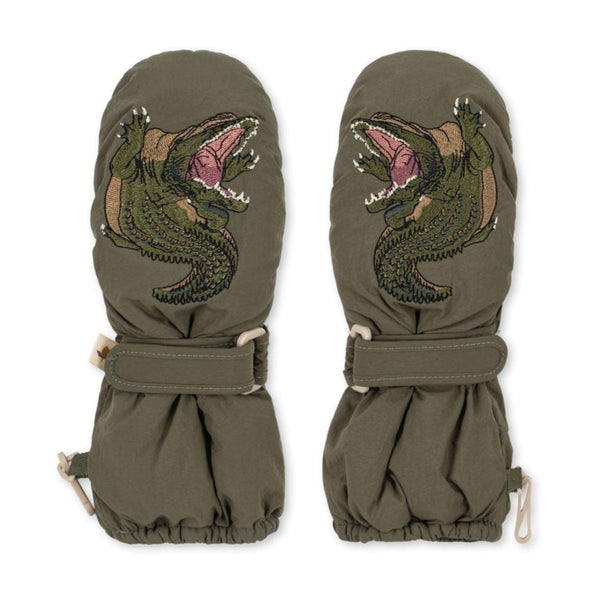 Juno Crocodile Embroidered Quilted Mittens (Olive)