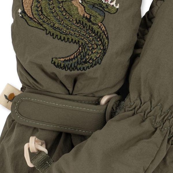 Juno Crocodile Embroidered Quilted Mittens (Olive)