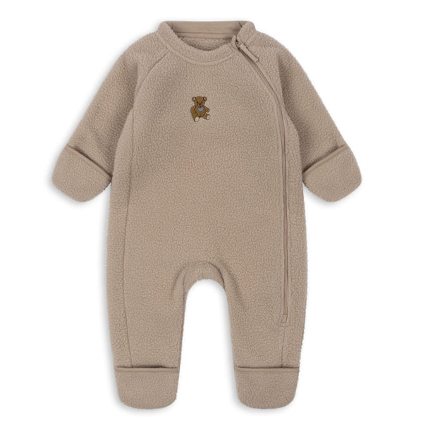 Safa Teddy Embroidered Borg Baby Zip Up Onesie (Tan)