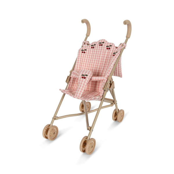 Cherry Embroidered Gingham Cotton Quilted Dolls Stroller (Powder Rose)