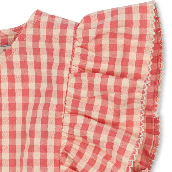 Kim Gingham Frilled Sleeve Cotton Dress (Flamingo Plume)