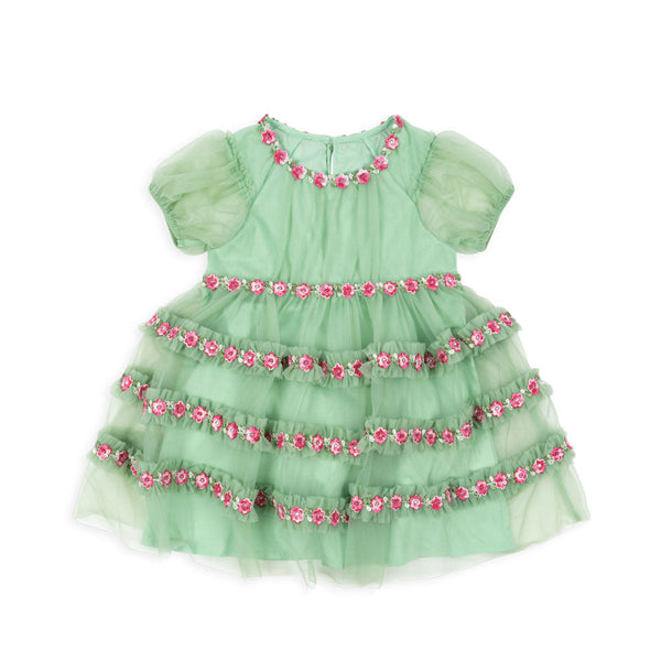 Joelle Floral Embroidered Tulle Ruffle Party Dress (Green)