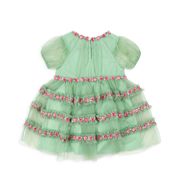 Joelle Floral Embroidered Tulle Ruffle Party Dress (Green)