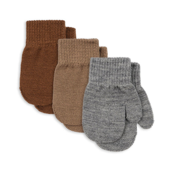 Filla Wool Blend Mittens Pack of 3 (Grey Melange/Beige/Brown)