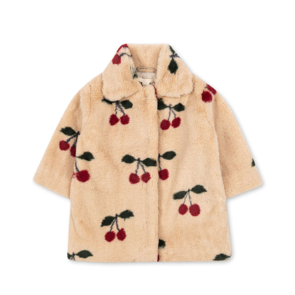 Fuzzie Faux Fur Cherry Print Collared Coat (Ma Grande Cerise)