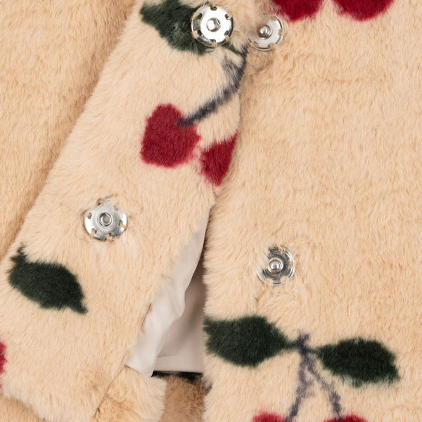 Fuzzie Faux Fur Cherry Print Collared Coat (Ma Grande Cerise)