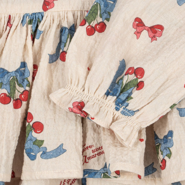 Elin Cherry Print Frilled Long Sleeve Dress (Amarena)