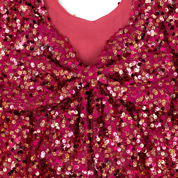 Lila Long Sleeved Sequinned Bow Party Dress (Sangria)