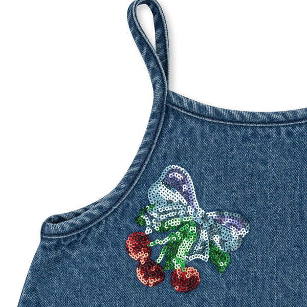 Magot Sequin Cherry Strappy Denim Dress