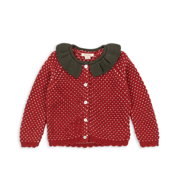 Strawberry Frill Wool Cardigan (Barbados Cherry)