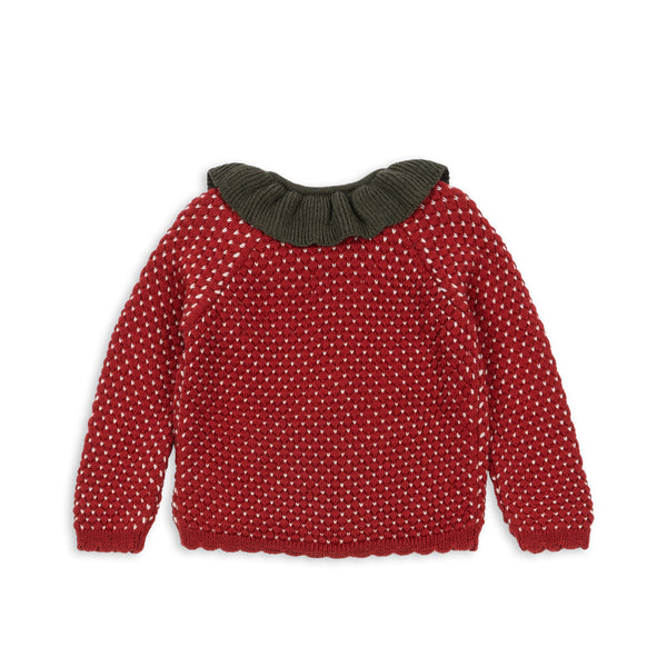 Strawberry Frill Wool Cardigan (Barbados Cherry)