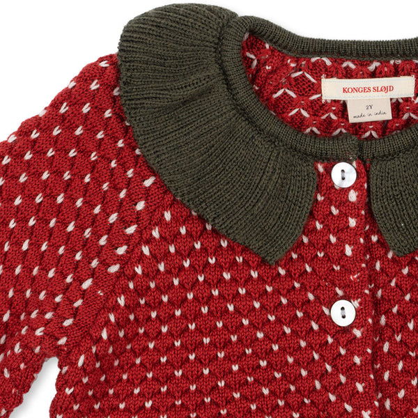 Strawberry Frill Wool Cardigan (Barbados Cherry)