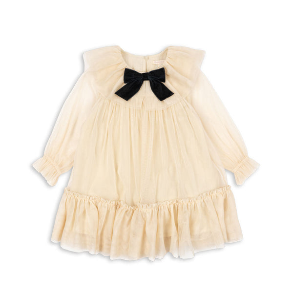 Bow Tulle Long Sleeve Occasion Party Dress (Parchment)