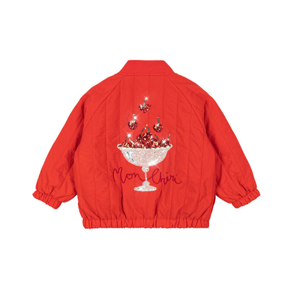 Juno Cherry Sequin Quilted Bomber Jacket (Fiery Red)