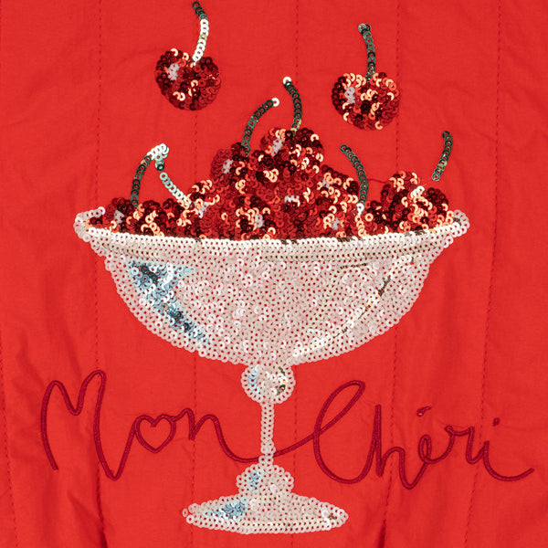 Juno Cherry Sequin Quilted Bomber Jacket (Fiery Red)