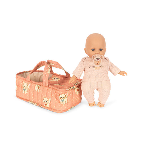 Cattie the Doll with Quilted Doll Carrier Basket (Ciao Miao Rose)